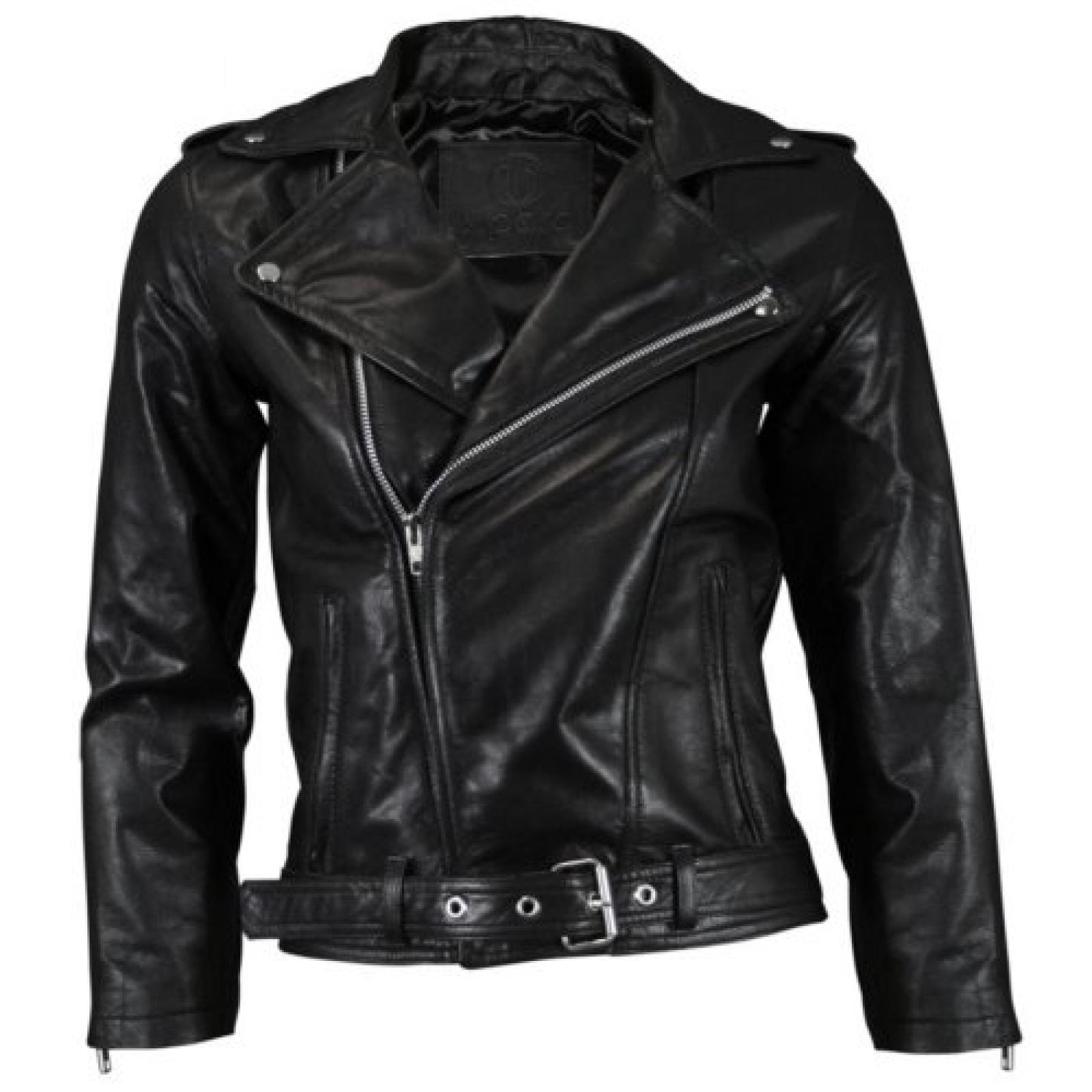 VIPARO Womens Black Cropped Sleeve Leather Biker Jacket - Kiera 